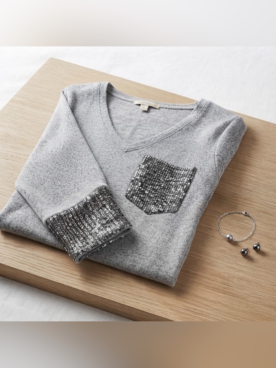 12 Pm By Mon Ami Sweaters - 12 Pm By Mon Ami Light Gray V-Neck Sweater with Sequin Pocket & Cuff